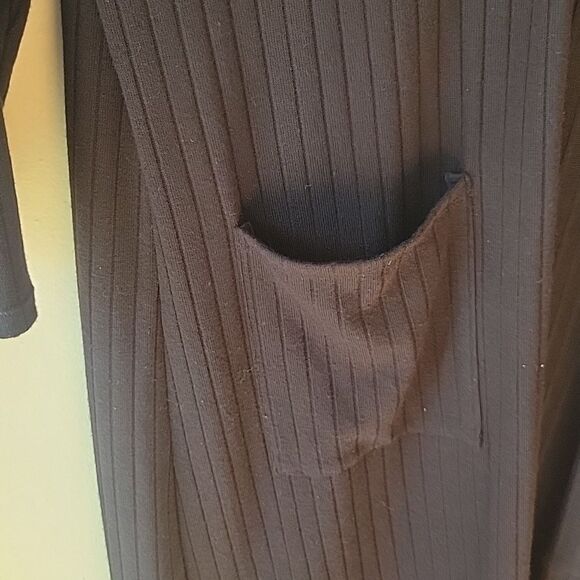 Mango Women's Long Duster Size M Cardigan Black Ribbed 3/4 Sleeve with Pockets - Picture 4 of 6